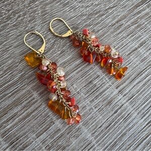 Elegant Gold and Red Orange Beaded Dangle Earrings